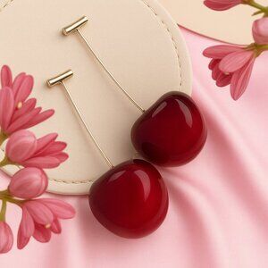 Red Resin Cherry Earrings Coquette Gold Long Stem Realistic Retro Statement 3D